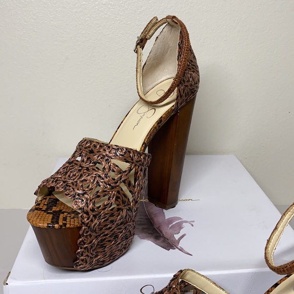 Jessica Simpson Dessie Platform Sandal Heels Caramel Black 10 - Picture 5 of 6